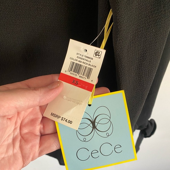 CeCe Black Semi-Sheer V-Neck Blouse with Tie‎ Cuffs Corporate Goth Alternative - Picture 4 of 7